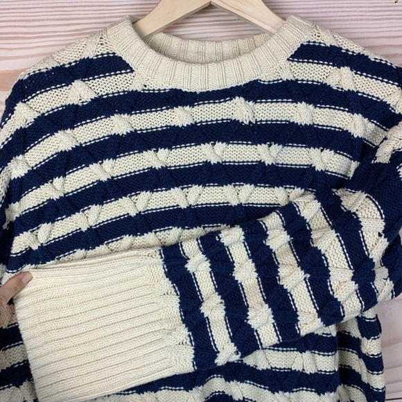 Madewell Cable-Knit Oversized Sweater Small Navy Stripe Preppy Nautical Chunky - Picture 4 of 14
